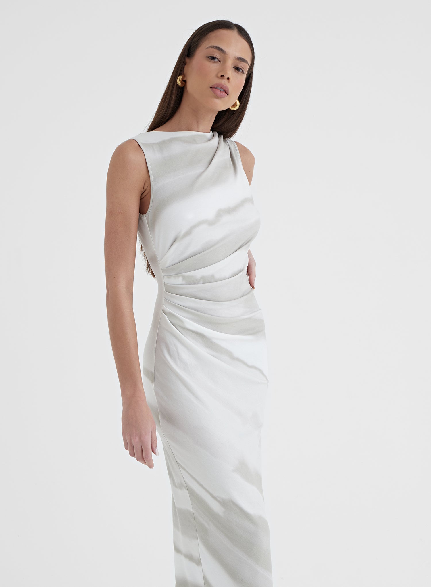 Printed Ruched Jersey Midaxi Dress